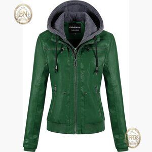 Faux Leather Motorcycle Bomber Jacket with Removable Hood Waterproof